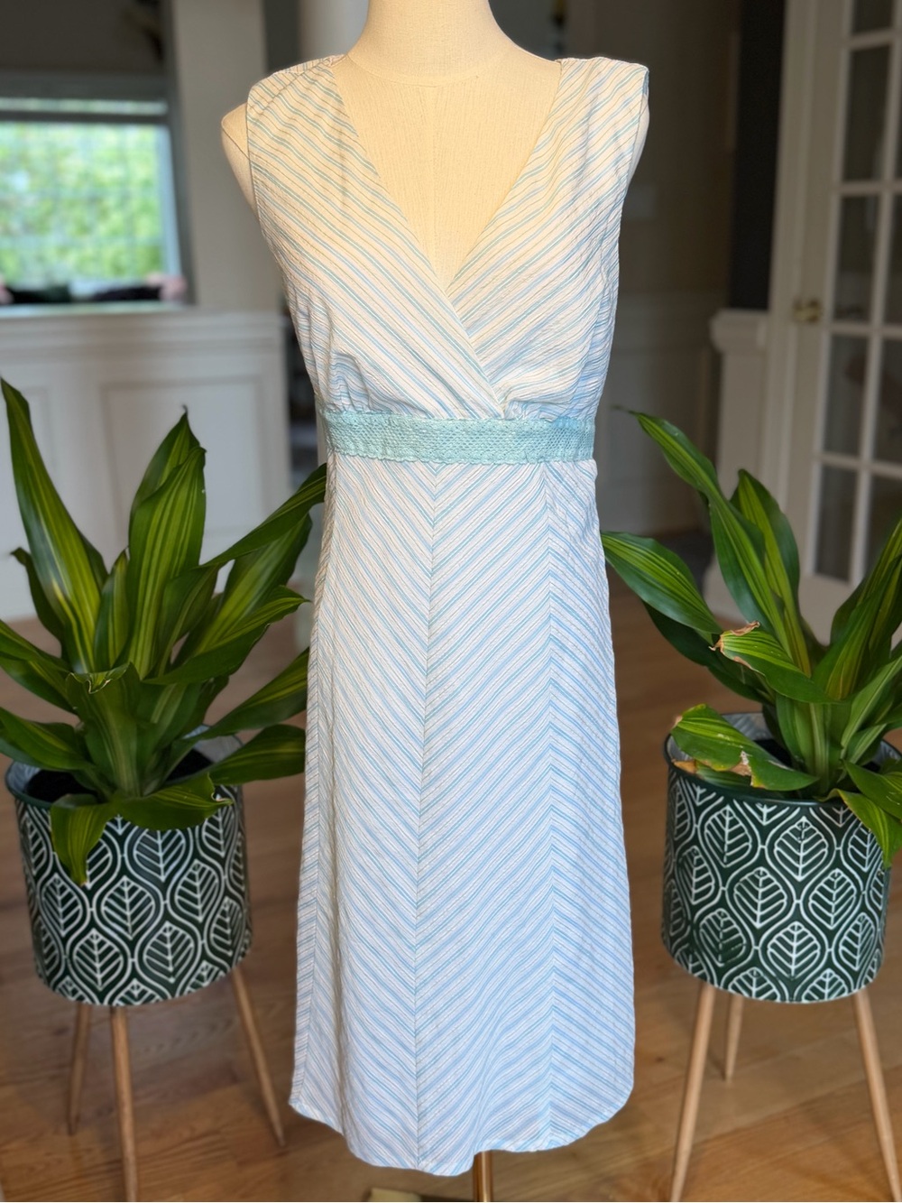 Studio 1940 Coastal Blue‎ Striped Empire Waist Midi Dress (VGUC)